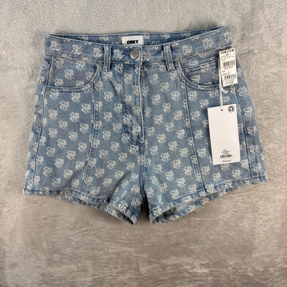 Obey‎ Women's Denim Shorts Light Indigo All Over Logo Print High Waist Size 27